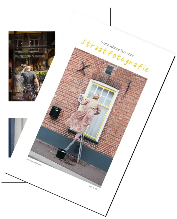 Cover of the e-book “5 essential street photography tips,” featuring a photo of a woman standing on a stepladder cleaning a window.